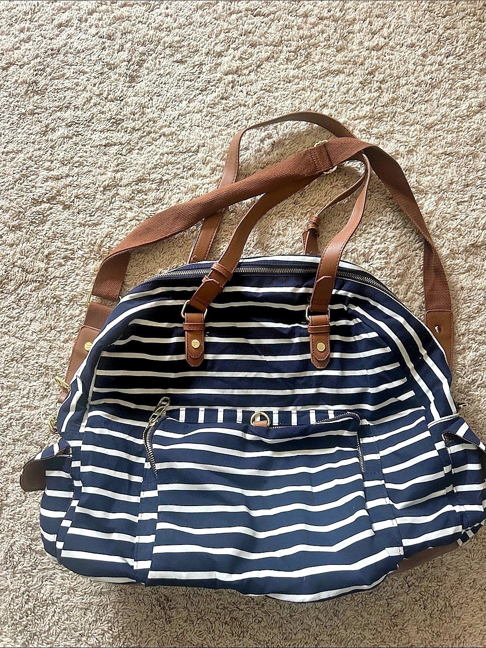 Steve Madden Navy Striped Weekender Travel Bag in Blue & White Preowned
